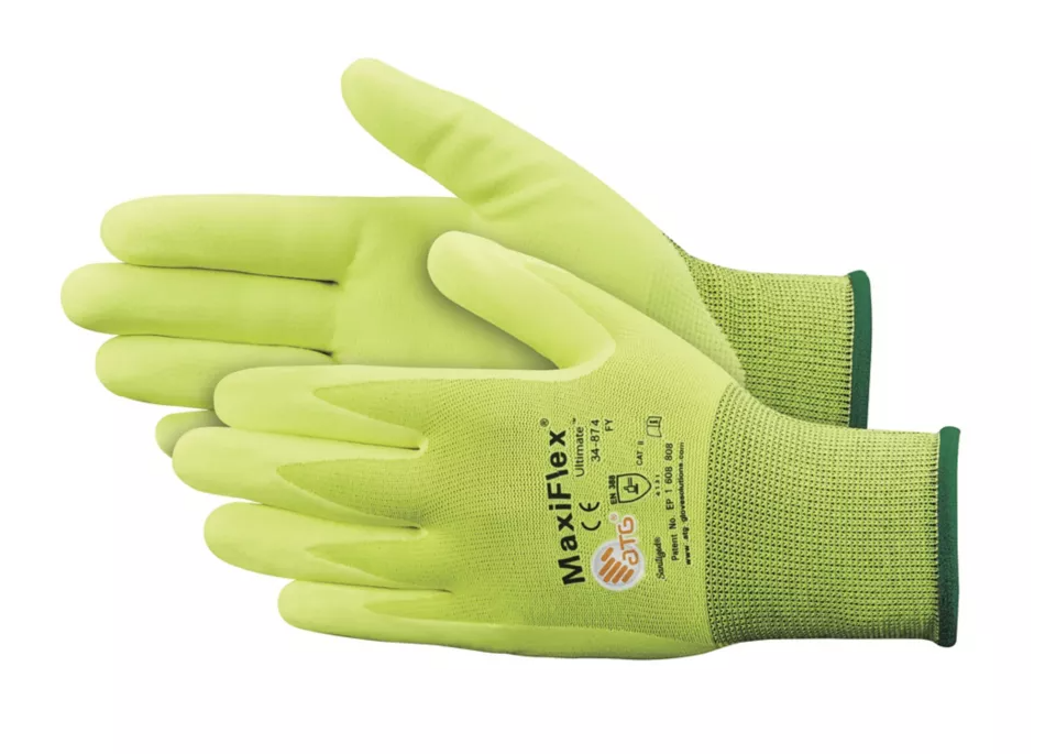 34-874FY- LG MaxiFlex® Ultimate™ Nitrile Coated Micro-Foam Grip Gloves, Large, High-Vis Yellow