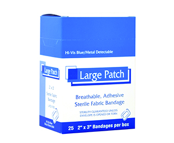 0754 Large Patch Hi-Vis Blue Metal Detectable Bandage Latex Free 25 Ea. Per Box